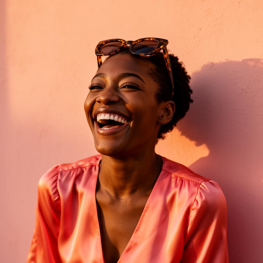 Woman founder laughing in golden light against a peach wall