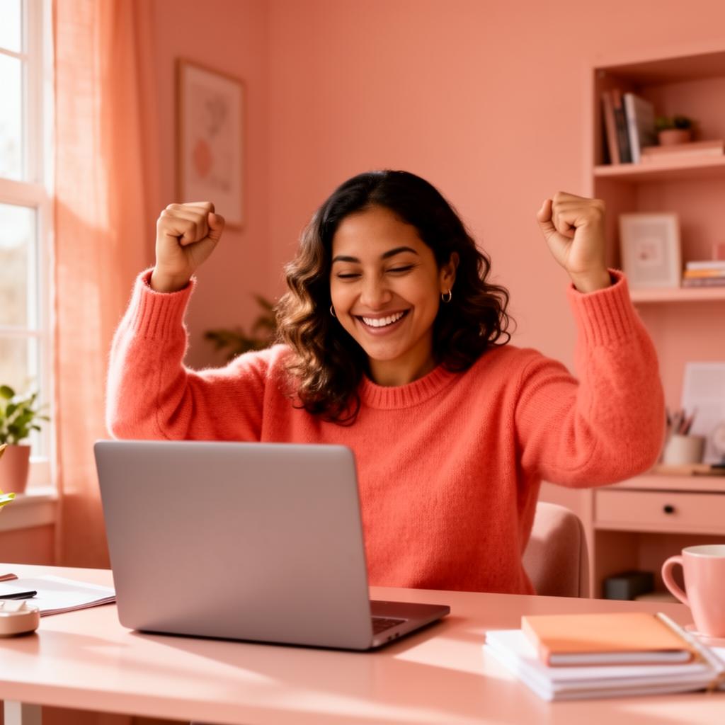 Founder celebrating at her desk