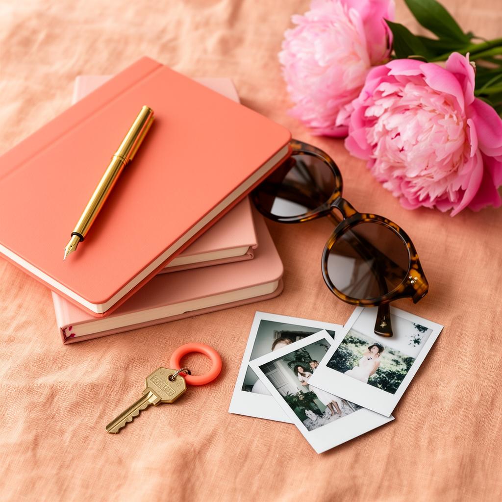 Stack of coral notebooks, gold pen, sunglasses, and pink peonies on warm linen